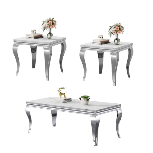Image of Luxury Coffee Table Set of 3, White Silver Coffee Table with End Table Sets, Modern 3 Piece Living Room Table Set with Faux Marble Top & Stainless Steel S Legs for Apartment Home Office