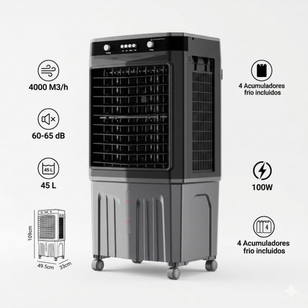 Bilake Climatizador Evaporativo Industrial Portátil Humidificador Enfriadores para Naves y Locales con 4 Packs de Hielo 100W 45L 3 Velocidades