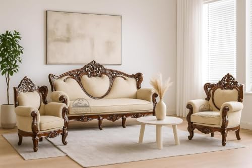 Image of Royal Carved Wooden Sofa Set | 3+1+1 Seater | Antique with Button Tufted Velvet Upholstery | Victorian Style Living Room Furniture Tufted Sofa Set Grey 3-Piece (Design 12)