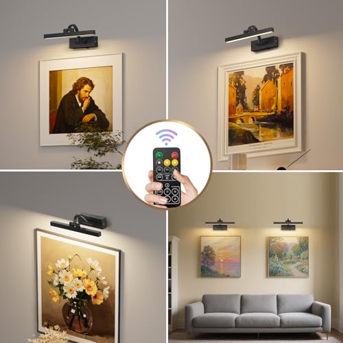 Image of LED Wireless Picture Light with Remote Control,USB Rechargeable Battery Powered Art Lights,Dimmable,Timing,Black Wall Lights for Paintings,Picture Frame,Gallery(Black, 11.62inch)