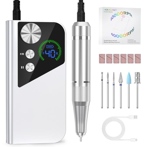 HOMEASY Nagelfräser 40.000 U/min Profi. Tragbar Fräser Nägel Elektrische Nagelfeile Wiederaufladbare Fräser für gelnägel Nagellack Maniküre Set mit 6 Nagel Bits LCD Anzeige F/R Richtung Weiß