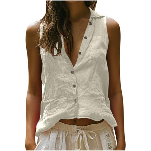 Camiseta de verano para mujer, casual, sin mangas, con cuello y algodón, de lino, para mujer, cómoda, con bolsillos, con botones, básica, para salir, vacaciones, camisola, 01 Beige, S