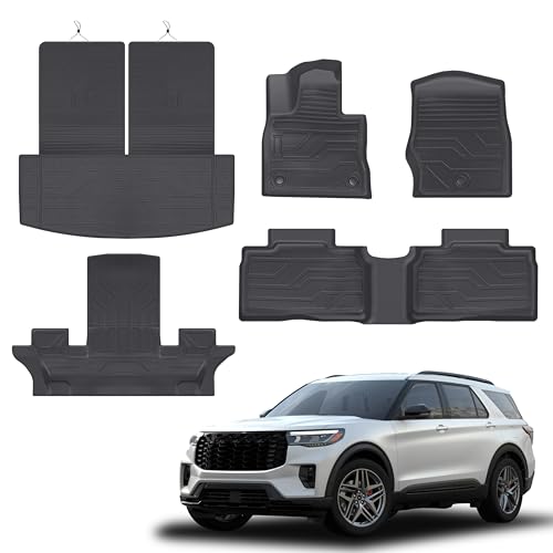 PARTZER Floor Mats for Ford Explorer 2020-2025 6-Seat (2nd Row Captain Seats), Custom Fit TPE All Weather Floor Liners, 1st & 2nd Row & Cargo Mat Explorer Active/ST-Line/ST/Platinum Accessories