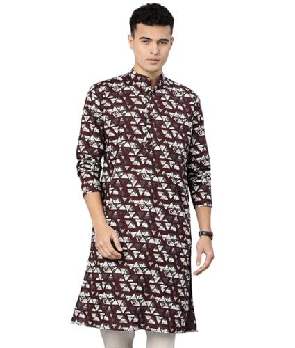 Image of Majestic Man Men's Regular Fit Ethnic Motifs Printed Pure Cotton Long Kurta with Mandarin Collar & Full Sleeves