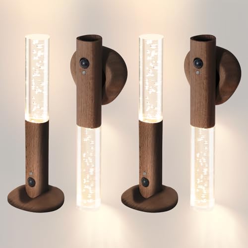 Image of Rechargeable Motion Sensor Wall Sconce, Walnut Wood, 4 Pack | Four magnetic peel-and-stick indoor night lights for coordinated hallways, stairs, bathrooms, bedrooms, and closets
