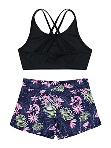 Ttao Kids Girls Crisscross Back Swimsuit Two Piece Tankini Sleeveless Crop Top With Shorts Navy Blue 14 Years #TOP3