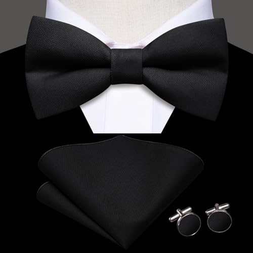 Image of Hi-Tie Bow Ties for Men Pre-Tied Pocket Square with Cufflinks Mens Bowtie Sets for Wedding Formal Party