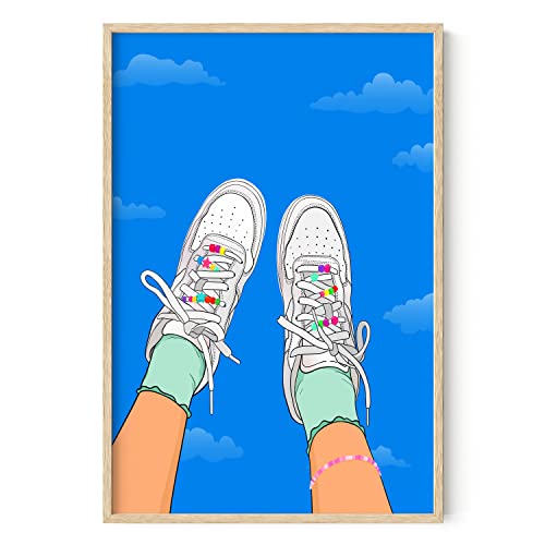 HAUS AND HUES Indie Posters & Y2k Cool Posters for Room Bedroom Preppy Paintings Blue for Teen Girls Room Indie Pictures Wall Decor Nikes in The Sky (Beige Frame, 24x36)