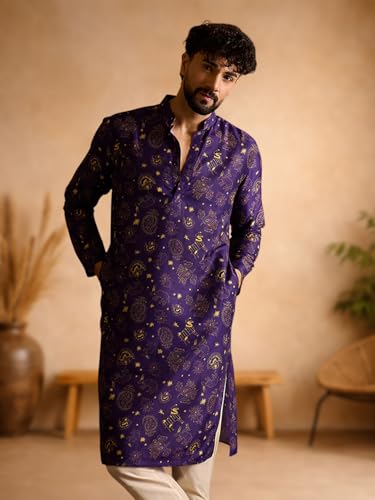 Image of Amazon Brand - Tavasya Men Silk Blend Ethnic Motif Printed Embellished Long Kurta | Regular Fit | Ethnic Wear | Full Sleeve