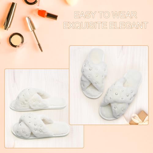 4 Pairs Women's Fuzzy Slippers, White, One Size, Pearl Embellished, Open Toe, Soft Plush, Non-Slip, Wedding & Party Gifts 6