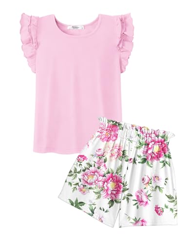 Image of Arshiner Girls 2 Piece Outfits Summer Clothes Ruffle Short Sleeve Shirts Top and High Waist Paper Bag Shorts Set with Pockets