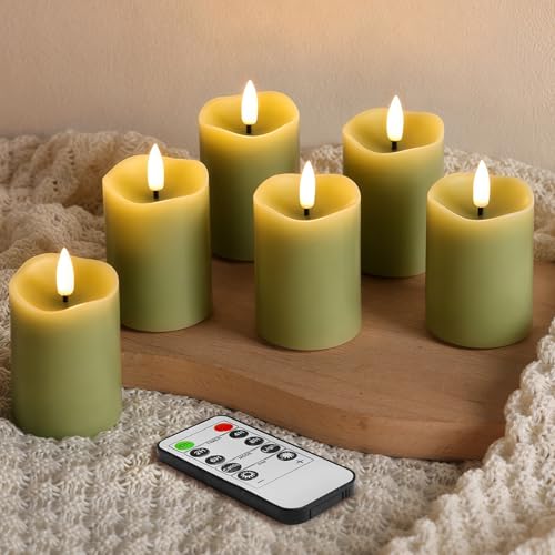 Image of Sage Green Flameless Votive Candles with Remote Batteries Set of 6 | 2x3 inch Small Flickering LED Pillar Candles, Battery Powered, Real Wax Coating, Home Table Shelf Decor