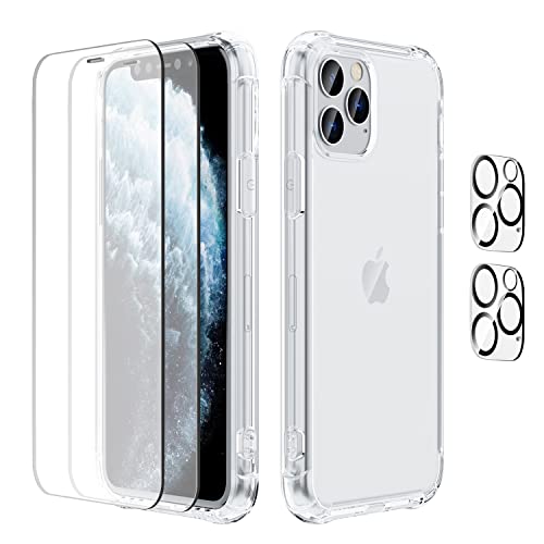 Uluck 5-in-1-Set für iPhone 11 Pro mit (1 Handyhülle + 2 Bildschirmschutzfolie + 2 Kameraschutz) Stoßfest, Kratzfest, Anti-Gelb-Hülle für iPhone 11 Pro 5,8 Zoll, transparent