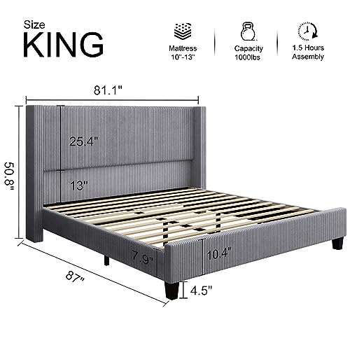 HOWE King Size Upholstered Platform Bed Frame, Wingback Bed with 50.8\" Headboard, Corduroy/Solid Wood Leg/No Box Spring Needed/Noise Free/Grey - Thumbnail 2
