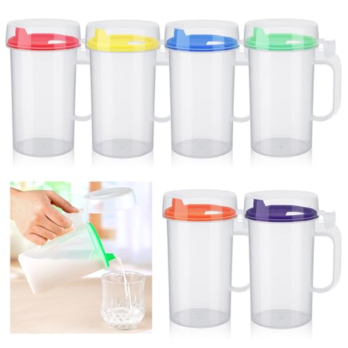 Newtay 6 Pack Early Learning Kids Easy Pouring Mini Pitchers Clear Plastic Pitcher with Lid and Handle Easy Pour Bottles 16 Oz. Jugs with Lids for Classroom Nursery Home (Colorful)