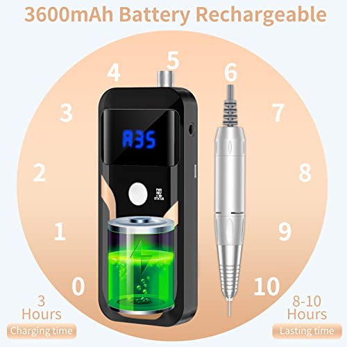 Portable Nail Drill Professional 35000 RPM, Rechargeable Electric Nail File Machine E File for Acrylic Nails Gel Polishing Removing, Cordless Efile with Bits Kit for Manicure Salon Home, Black - Thumbnail 5