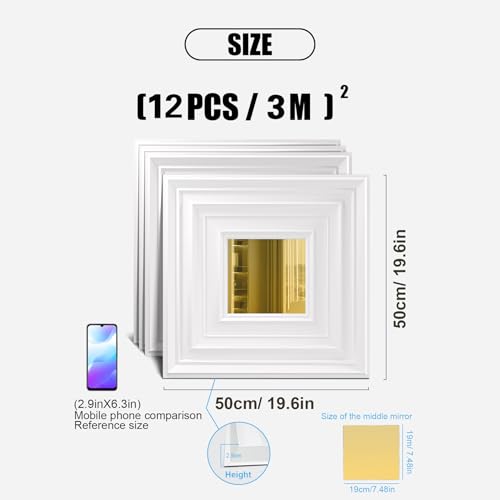 Chejiaye 12 Pack PVC Ceiling Tiles 19.7\"x19.7\" – Golden Mirror & White 3D Wall Panels for Wall and Ceiling Decoration,Cover 32.3 Sq.Ft – Waterproof,Lightweigh - Thumbnail 2