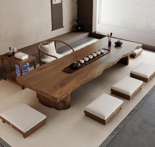 Amecke 和風フロア、レトロなティー、ローテーブル、長方形の畳、床に座る特色のある家具 天然木 日本風 低い ロータイプ 端部丸め加工 座卓 和室 ダイニング (長さ120cm、幅55〜60cm、高さ35cm、厚さ5cm)