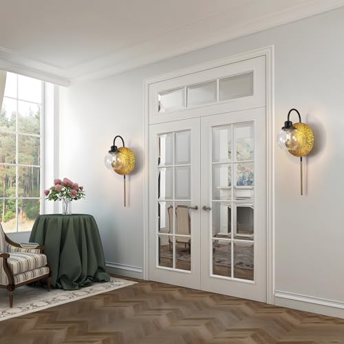 Image of Vintage Gold Wall Sconces,Modern Sconces Wall Lighting Decor with Globe Glass Shade for Bedroom Hallway Living Room Bathroom Vanity Light Fixture.