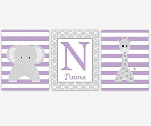 Safari Animals Nursery Decor CANVAS Wall Art - Elephant, Giraffe, Personalized Name, Set of 3