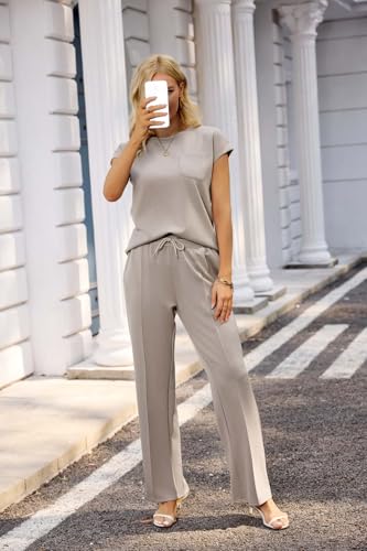 difficort Lounge Sets for Women 2 Piece Outfits Summer Casual Tracksuit Wide Leg Long Pants Vacation Travel Matching Set4