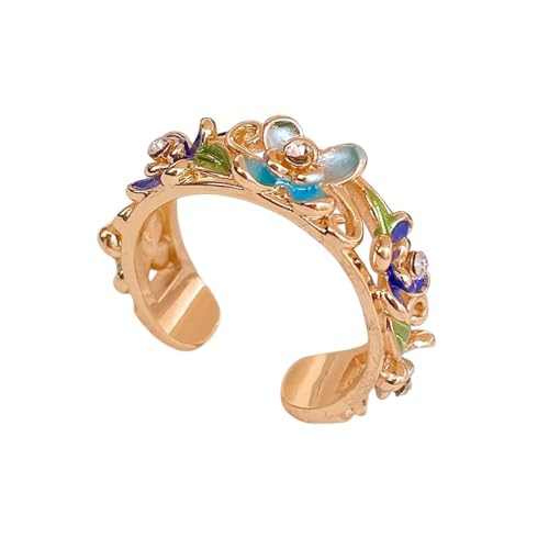 Genérico Anillo abierto de flor de esmalte, anillo de apilamiento floral colorido, regalos de joyería de moda para mujeres (Blue)