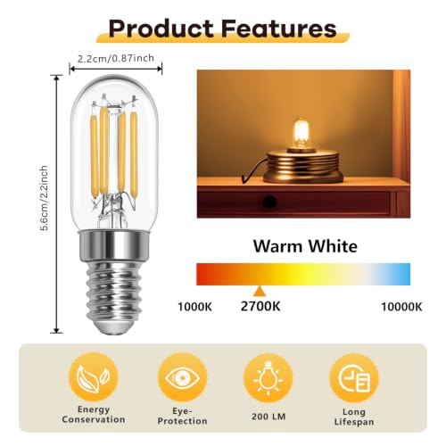 LED Glühbirne E14 Warmweiss 2W 230V, Glühbirne Kühlschrank Led T22 E14 Warmweiß 2700K, Ersatz 25W-30W Halogenlampe, Nicht Dimmbar… – Ansicht 2
