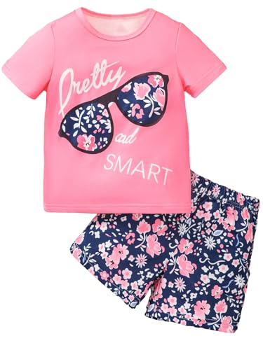 Image of Floerns Girl's Two Piece Outfit Floral Print Short Sleeve Tee Shirt and Shorts Set