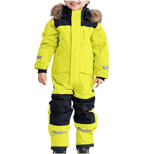 Children's Ski Suit Insulated Snow Bib Overalls Thermal Warm Snowsuit with Removable Hood Mud (Green #1, 14-15 Years)