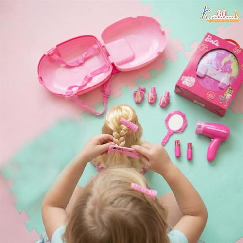 Image of Barbie Backpack Dressing Gift Set for Kids - 2-in-1 Portable Pretend Play Makeup & Vanity Set with Electronic Dryer, 13+ Accessories, Safe & Durable Educational Toy for Girls Ages 3+