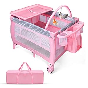 BABY JOY 3 in 1 Portable Pack and Play with Bassinet, Convertible Baby Travel Crib Playard with Changing Table, Brake…