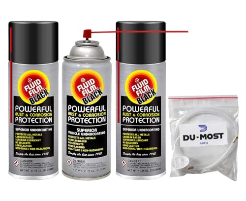 Fluid Film Black (3 Aerosol Cans) with DU-Most 2 Extension Hose & Nozzle Long Lasting Corrosion Prevention Penetrant & Lubricant Marine Automotive & Snow-Handling Vehicles Undercoating 11.75 Oz