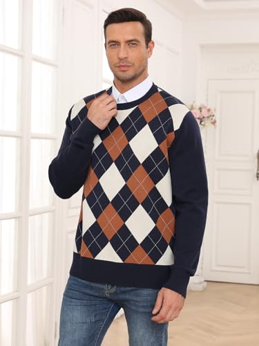 RQP Men's Crewneck Sweater Slim Fit Argyle Pattern Long Sleeve Knit Pullover Sweater for Casual Or Dressy Wear4