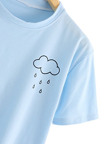 Sweatyrocks Women's Summer Casual Short Sleeve Rainy Print Cute Crop Top T-Shirt Blue M #TOP3