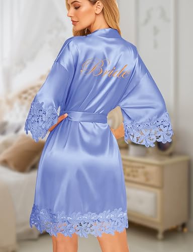Image of EPLAZA Bride Robe for Wedding Day Set Bridal Robe Lace Trim Silky Embroidery Satin Kimono for Bridal Party