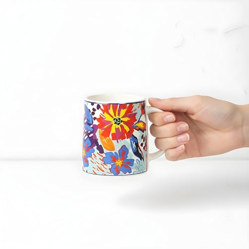 Image of Miah KaleidoBloom Ceramic Cup Set - Set of 4 | 10.16 cm x 6.85 cm x 8.89 cm | Handcrafted Coffee & Tea Mugs | Microwave & Dishwasher Safe | Vibrant Abstract Floral Design