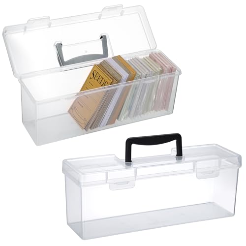 Kokone 2 Pack Plastic Clear Seed Storage Organizer Box with Handle, Portable Seed Bin with Lock, Transparent Seed Saving Box with Lid, Seed Container Seed Packet Storage Organizer