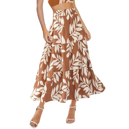 Maxi Skirts for Women Trendy High Waisted Tiered Boho Long Floral Skirt Cute Ruffle Pleated Beach A Line Flowy Skirt
