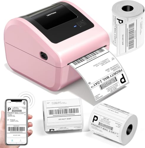 Image of Bluetooth Shipping Label Printer with 3 Roll Labels, D450BT Pink Thermal Label Printer 4x6 for Small Business, Thermal Printers Come with 750PCS 4x6 White Labels (250 Labels /Roll)