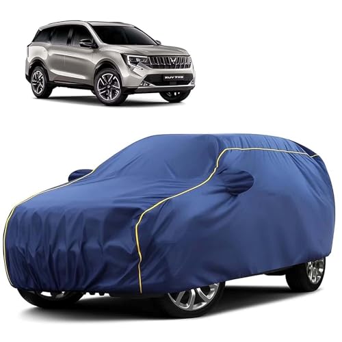 Image of Sulfar 100% Water Resistant Car Body Cover Compatible with Mirror for Mahindra XUV 7XO (Triple Stitched, Full Bottom Elastic, Blue Tafetta with Yellow Piping)