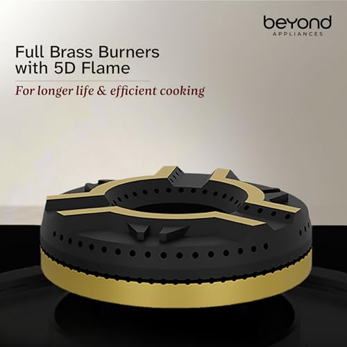 Image of Beyond Appliances Auriga Pro 3 Full Brass Burner Smart Gas Stove I Auto Ignition I Digital Timer I Flame Failure Device I Toughened Glass I ISI Certified, LPG & PNG Compatible, PAN India Service