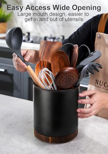 Ceramic-Rotating-Kitchen-Utensil-Holder-for-Countertop-72-Stone-Black-360-Large-Cooking-Utensil-Crock-for-Kitchen-Counter-Organizer-Wooden-Base-No-Slip-Farmhouse-Decor-Christmas-Gift