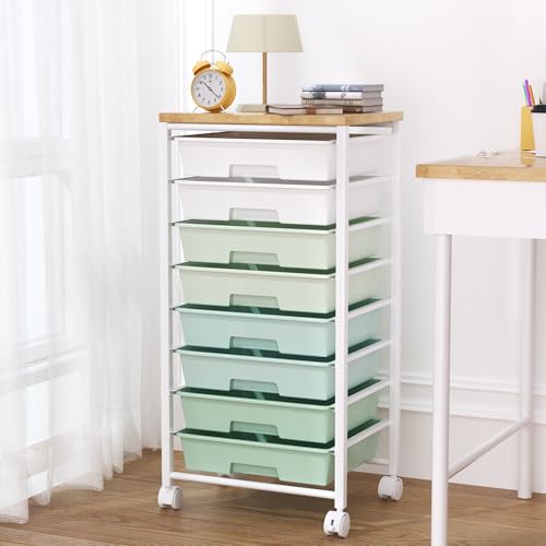 Rolling Cart with 8 Drawers Storage Drawers Cart with Wooden Tabletop and Lockable Wheels Craft Storage for Living Room Office Classroom Craft Room Bedroom