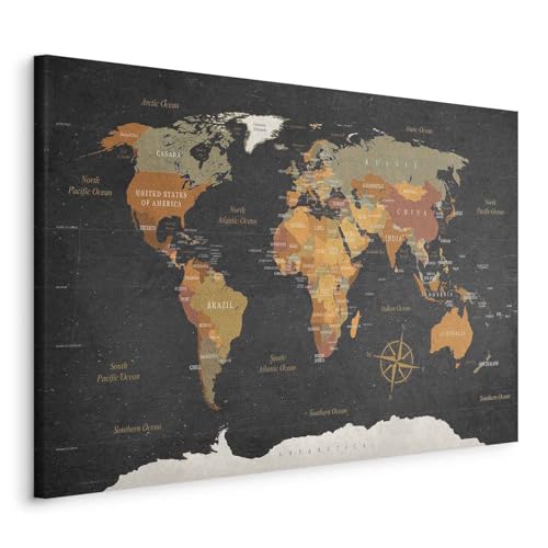 B&D XXL - Tableau décoratif Carte du monde 120x80 cm - Impression sur toile colorée - Décoration...