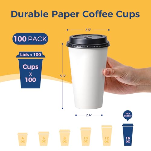 Fit Meal Prep 100 Pack 16 oz Disposable Coffee Cups with Lids, Premium To Go Paper Cups, Leak Proof Hot Coffee Cups with Lids for Travel, Office, Hot/Cold Beverages (Black Lids)