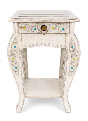 Image of Multipurpose Table Outdoor Indoor Stool Flower Vase Stool with One Drawer Material Mango Wood Size 30.5CM x 30.5CM x 53.3CM (White Antique)