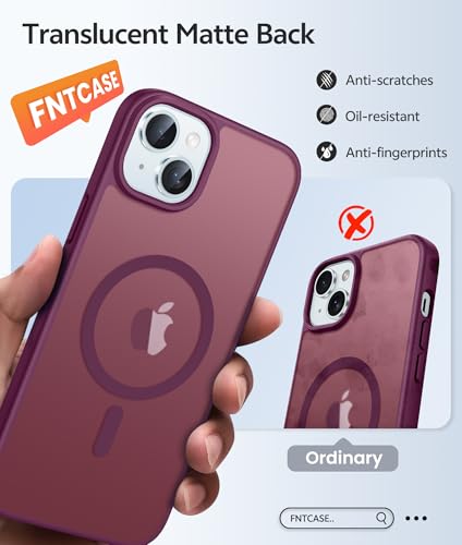 Image of FNTCASE for iPhone 15 Case: for iPhone 14 Case & iPhone 13 Case [Compatible with Magsafe] Translucent Matte Cases with [Screen Protector] Military Grade Shockproof Protective Phone Cover - Wine Red