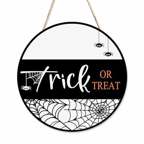 Beabes Welcome Sign for Front Door Porch Halloween Trick or Treat 12in Round Wreath Wall Decor for Farmhouse Home Outdoor Indoor