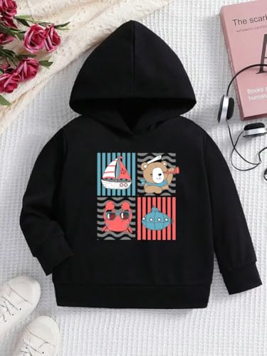 Image of Printed Hooded Sweatshirt for Kids - Warm Cotton Fleece Hoodie for Boys Girls - Winter Outfit,Black, 2 to 8 Years