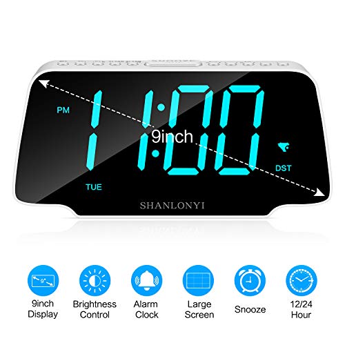 image for SHANLONYI Alarm Clock Radio with 9 Inch Cyan LED Display, 3 Dimmer, Sn